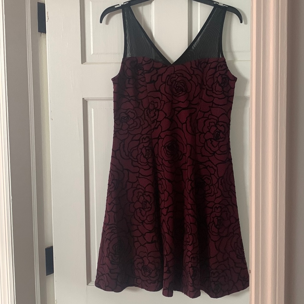 Red and black 3D flower dress with mesh top.